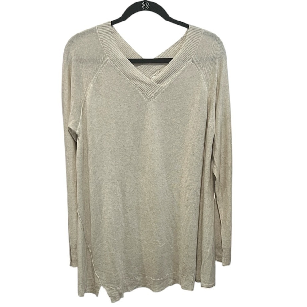 Noen tan linen viscose linen blend double v neck tunic sweater size large